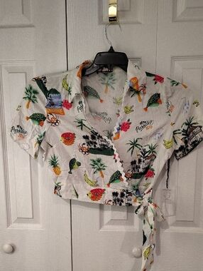 Tropical Fruit And Fish Print Tie-Waist Crop Top - White Size Extra Large